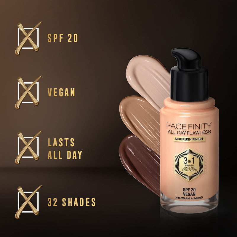 Max Factor Facefinity 3-in-1 All Day Flawless Liquid Foundation, SPF 20 - 45 Warm Almond, 30 ml - BeesActive Australia