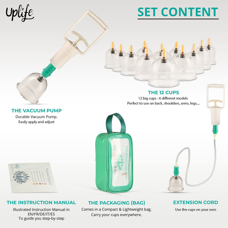 Uplife Chinese Cupping Therapy Set, 12 Vacuum Air Suction Cups in Bag with Pumping Handle + Extension Cord, Massage for Back/Neck - BeesActive Australia