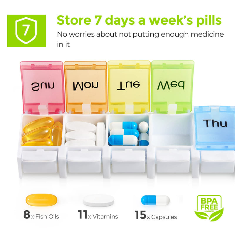 AUVON Weekly Pill Box Organiser, BPA Free Travel Pill Boxes 7 Day 1 Times a Day with Unique Spring Assisted Open Design and Large Tablet Box to Hold Vitamins, Cod Liver Oil, Supplements and Medication A-white - BeesActive Australia