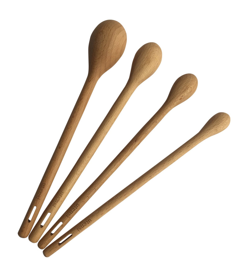 Long Handle Wooden Measuring Spoons by utensi, Set of 4 Engraved Accurate Spoons for Dry and Liquid Ingredients, Beech Wood Set (9-inch handles) - BeesActive Australia