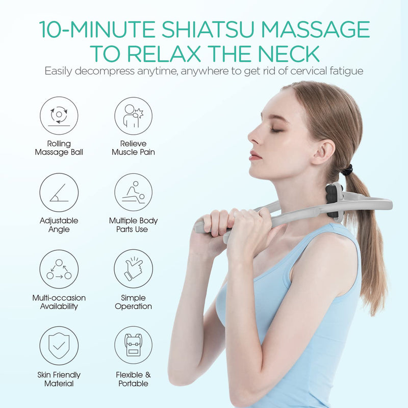 VOYOR Neck Massager Roller, Handheld Neck Massager for Neck Pain Shoulder Legs Muscle Relief, Deep Tissue Shiatsu Massage with 8 Pressure Trigger Point Balls, Lightweight & Portable MS410 (Grey) - BeesActive Australia