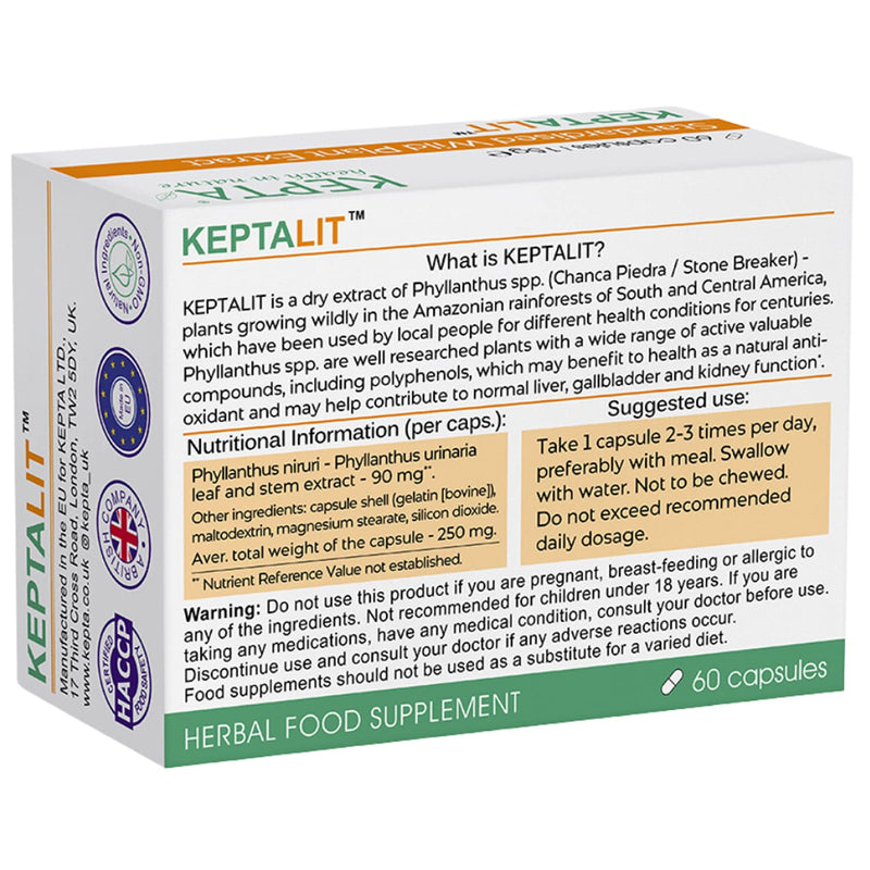 KEPTALIT Natural Liver and Kidney Support Stone Breaker Extract Kidney Cleanse Herbal Supplement Source of Polyphenols - 1 Pack of 60 Capsules - BeesActive Australia