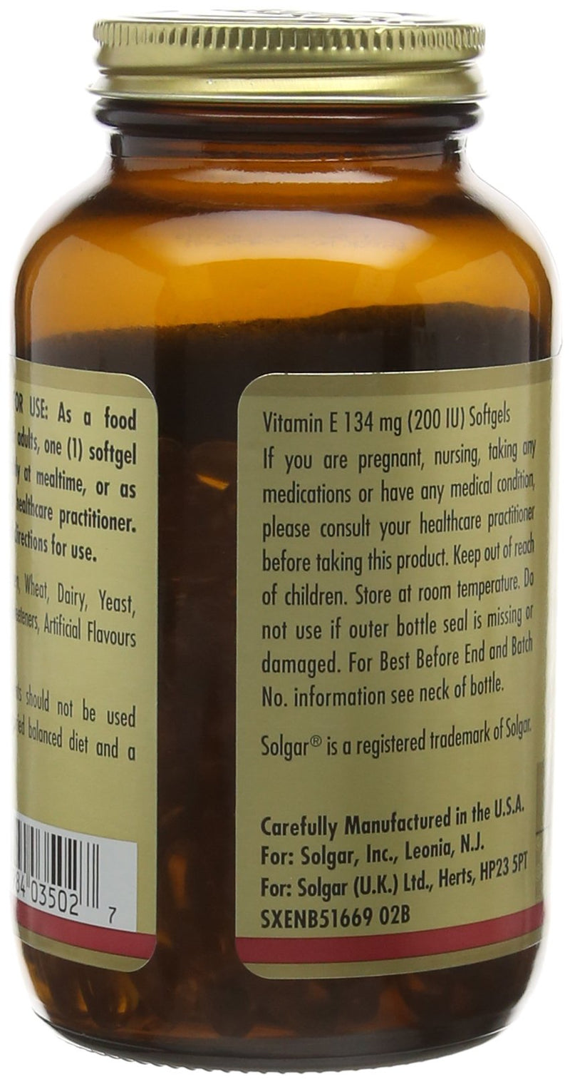 Solgar Vitamin E 134 mg (200 IU) Softgels - Pack of 250 - Helps Combat Oxidative Stress - Immune System Support - Gluten Free - BeesActive Australia