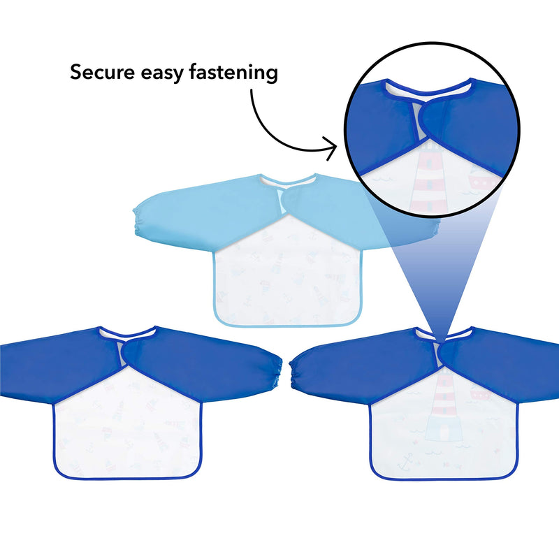 Nuby Coverall Baby Bibs for Toddlers 12 months plus, Long Sleeve Waterproof Weaning Bibs, 3 Pack, Blue Boy - BeesActive Australia
