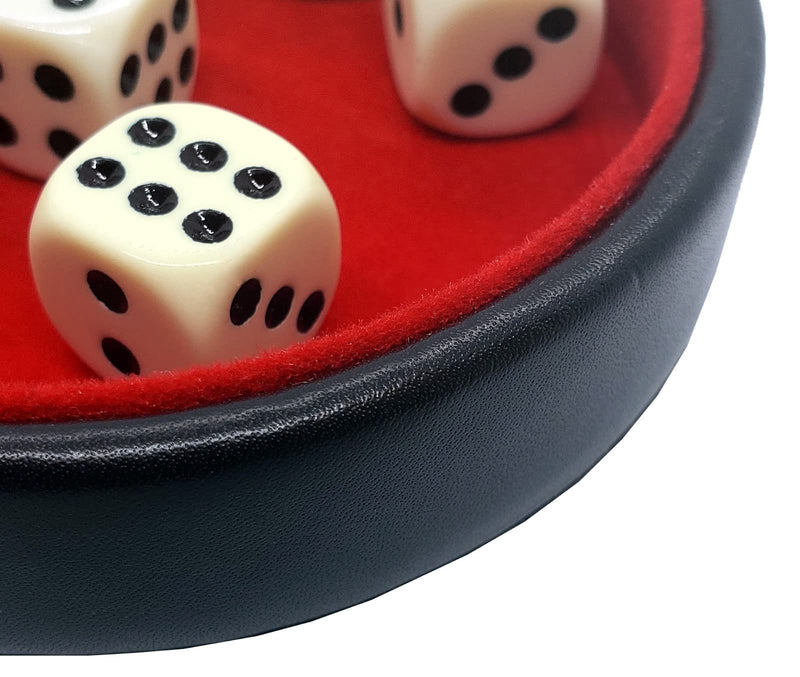 Compact Black PU Leather Dice Tray with Premium Red Felt Lined + (6) Light Ivory Tone Pip Dot Dice + Storage Pouch (Cyber-Deals) - BeesActive Australia