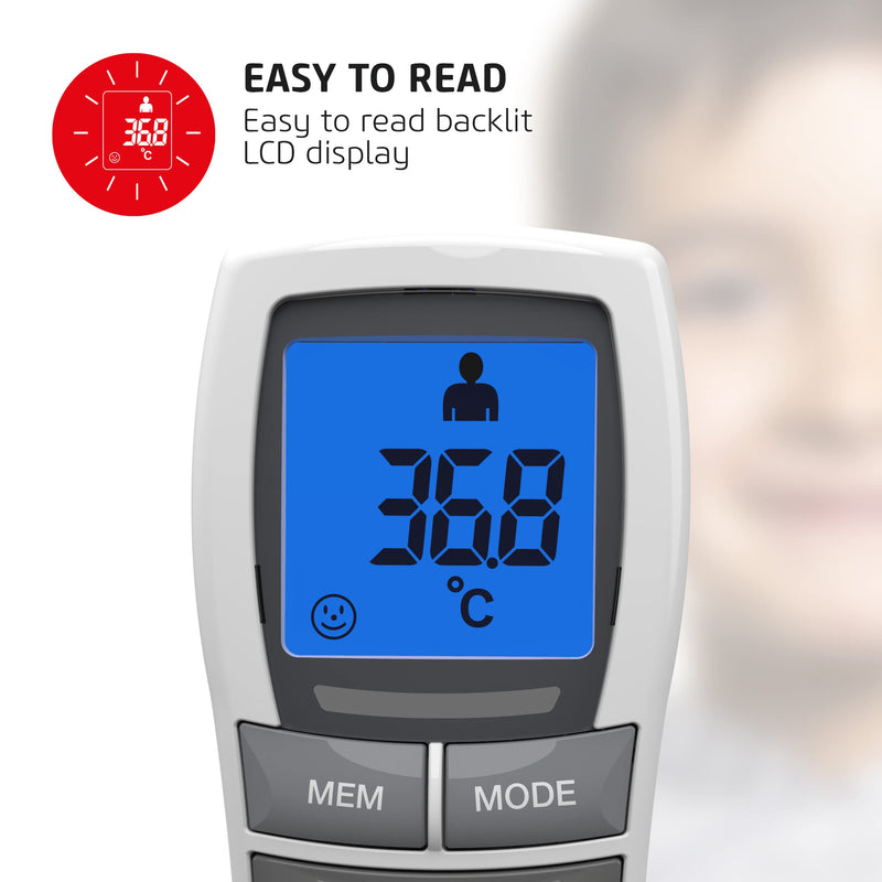 Salter TE-250-EU No Touch Infrared Thermometer, Forehead Mode, Objects and Liquids, Night Mode, Fever Alarm, 30 Memory Recall, One Second Reading, Backlit Display, For Babies/Adults, Instant/Accurate No Touch Thermometer - BeesActive Australia
