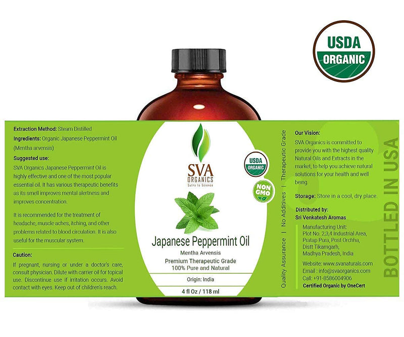 SVA Organics Japanese Peppermint Essential Oil Organic 4 Oz USDA 100% Pure and Natural Premium Therapeutic Grade For Aromatherapy, Skin Care, Hair Care & Body Massage - BeesActive Australia