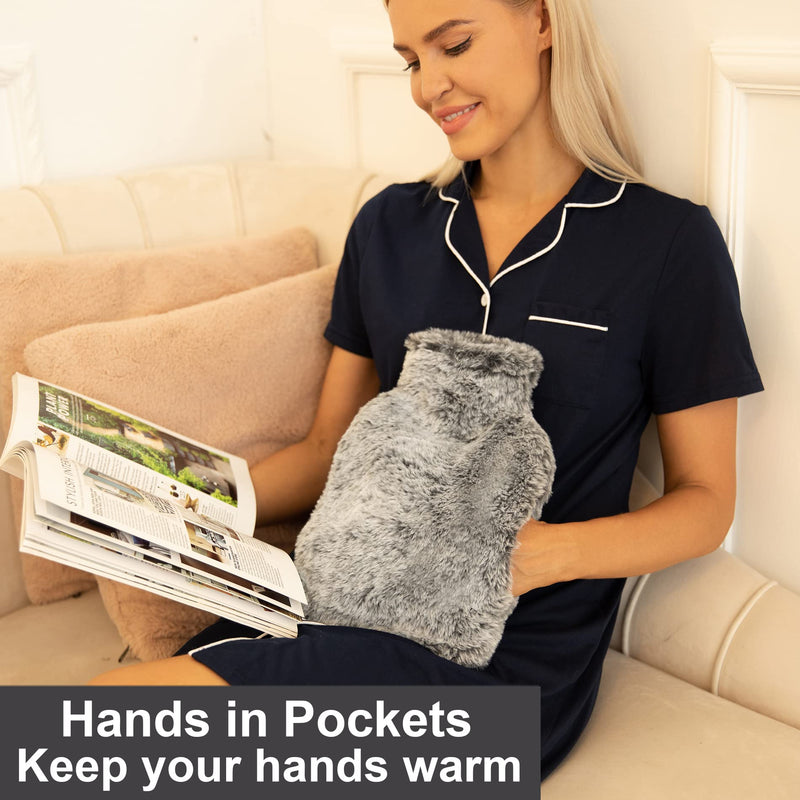 OWOZOI Fluffy Hot Water Bottle, Soft Furry Cover with Hand Pocket, 2L Large Capacity, Hot Water Bag for Pain Relief, Period Cramps, Back, Shoulder, Neck, Arthritis, Bed Warmer(Silver Grey) Silver Gray - BeesActive Australia