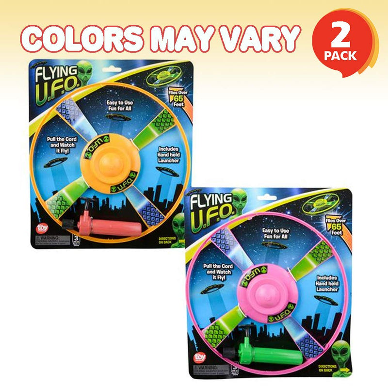 [AUSTRALIA] - ArtCreativity Pull Cord UFO Flying Saucers - Set of 2-10 Inch Space Ship Toys - Fly Over 65 Feet - Birthday Party Favors, Gift Idea for Boys and Girls, Carnival and Contest Prize - Colors May Vary 