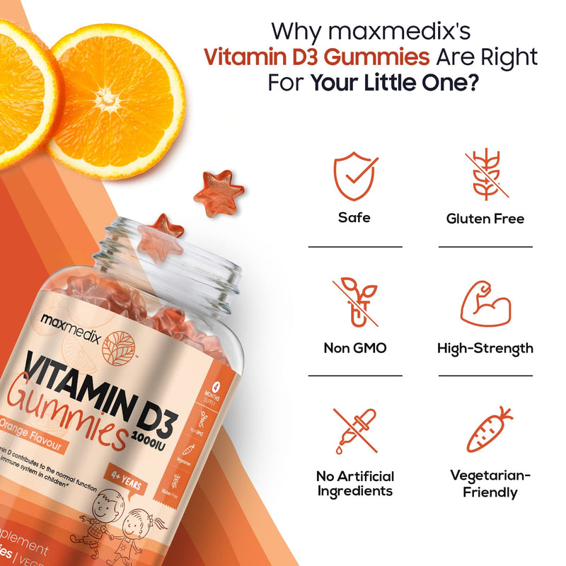 Vitamin D Gummies Kids 1000IU - Natural Orange Flavour Gummies - 4 Months Supply (120 Vitamin D3 Gummies) - One A Day - for 4 Years+ Children - Vegetarian, GMO & Gluten-Free Gummy Vitamin D for Kids - BeesActive Australia