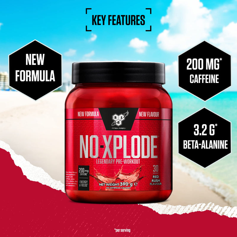 BSN Nutrition N.O.-Xplode Pre Workout Powder Food Supplement, Energy and Focus Booster with Caffeine, Amino Acids, Vitamin C and Zinc, Red Rush Flavour, 30 Servings, 390 g - BeesActive Australia