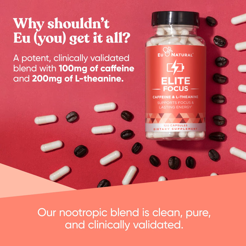 Elite Caffeine with L-Theanine – Jitter-Free Focused Energy Pills – Natural Nootropic Stack for Smart Cognitive Performance – 120 Soft Capsules - BeesActive Australia