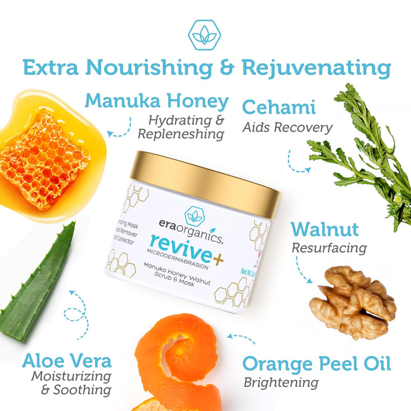 Era Organics Microdermabrasion Facial Scrub & Face Exfoliator - Spa Quality Exfoliating Face Mask with Manuka Honey & Walnut - Moisturizing Facial Exfoliant for Dry Skin, Blackheads & Wrinkles (2 oz) 2 Ounce (Pack of 1) - BeesActive Australia