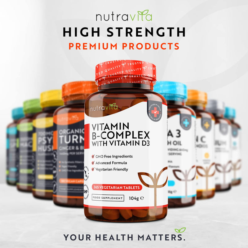 Vitamin B Complex High Potency - 1 Full Year Supply - 8 Vitamins B1-B2-B3-B5-B6-B12, Biotin, Folic Acid & VIT D3 in 1 High Strength Micro Tablet - Reduction of Tiredness - Made in The UK by Nutravita - BeesActive Australia