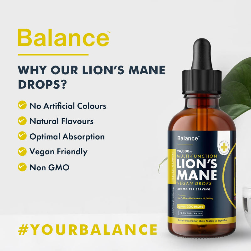 Lion's Mane Liquid Drops - High Strength 800mg - Vegan - 1 Month Supply - 30 Servings - 24,000mg per 60ml Dropper Bottle - Premium Lions Mane Extract for Fast Absorption - Made in UK by Balance - BeesActive Australia