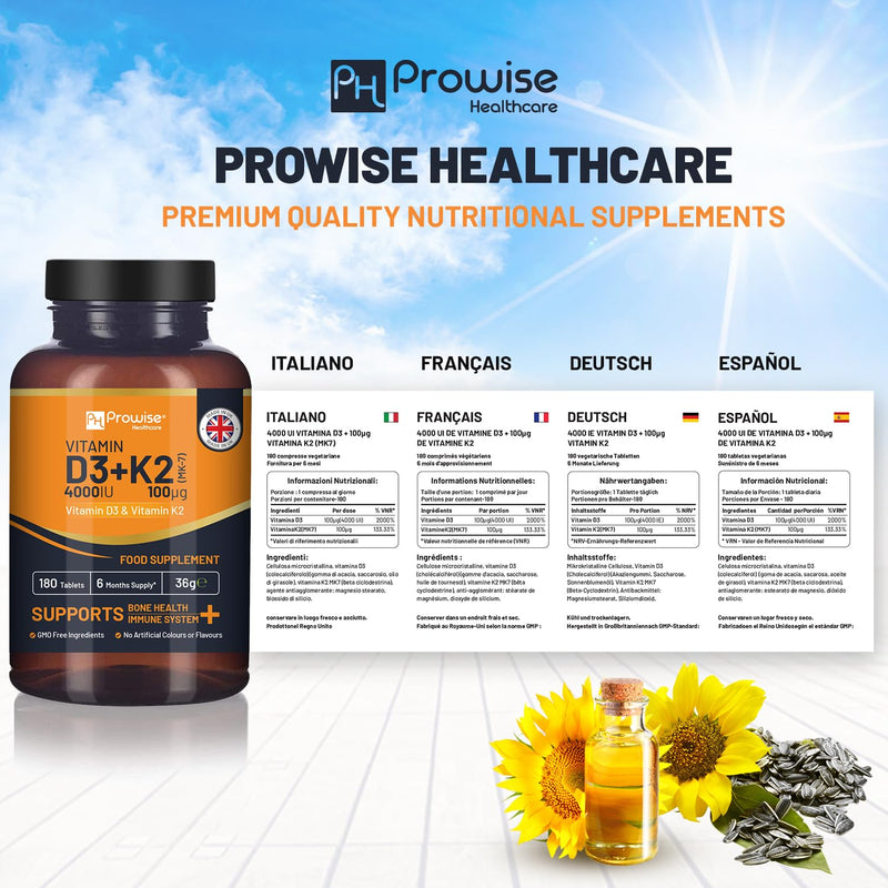 Vitamin D3 4000IU & K2 MK7 100�g Vegetarian Tablets I 180 ( 6 Months Supply) I Easy to Swallow Supplement for Immune Support, Calcium Boost, Bone & Muscle I Made in The UK by Prowise Healthcare - BeesActive Australia