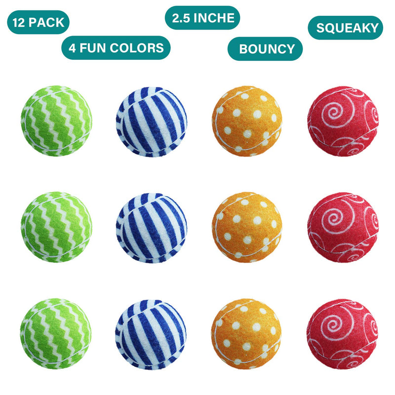 Dog Squeaky Tennis Ball for Small Dog & Puppy,Medium and Large Dogs Balls Colorful Design in Different Package AM25-PK12 2.5 Inch - BeesActive Australia