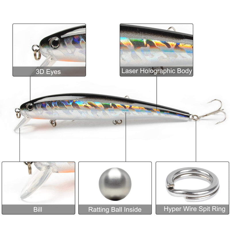 [AUSTRALIA] - Dr.Fish Fishing Lure Assortment 5in Minnow Plugs Popper Jerkbait Mustad Hooks Saltwater Freshwater Surf Fishing Lures Striper Bass Salmon Black Silver Black,Silver(pack of 6) 