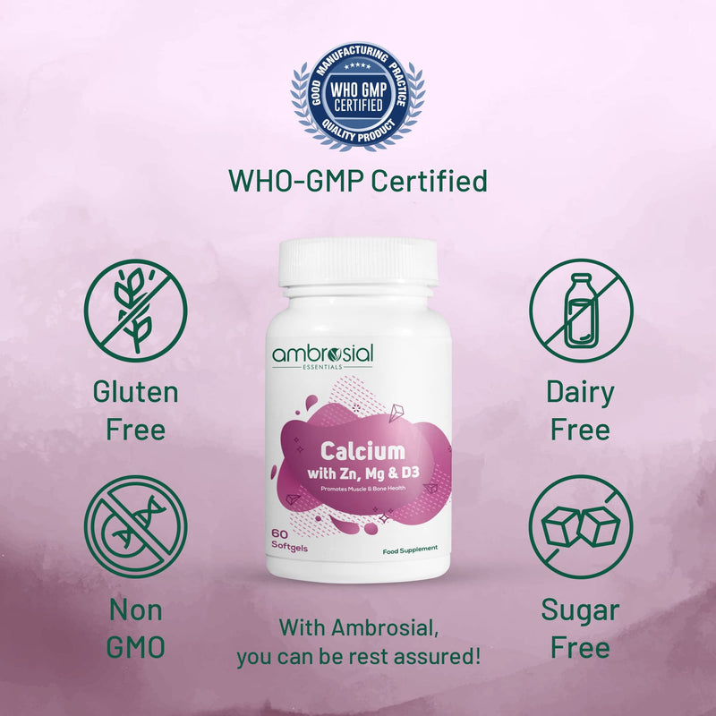 Ambrosial Calcium Magnesium Zinc & Vitamin D High Potency Calcium Supplement for Bone Health, Muscles & Teeth | Highly Bioavailable Calcium Citrate Formula | Calcium Tablets 60 Softgels 60 count (Pack of 1) - BeesActive Australia