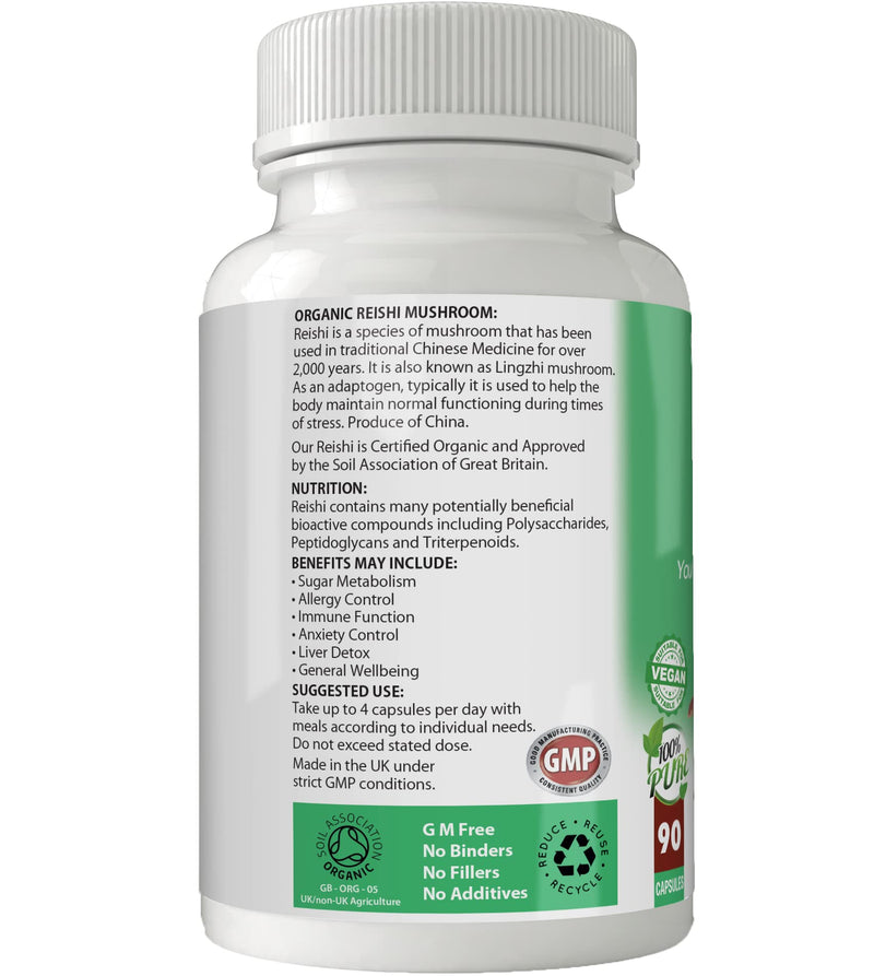 Simply Pure Organic Reishi Capsules x 90, 450mg, 100% Natural Soil Association Certified, Gluten Free, GM Free and Vegan. - BeesActive Australia