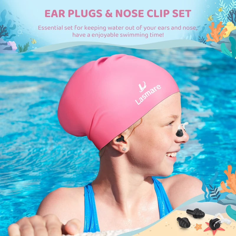 Kids Long Hair Swim Cap for Girls Boys, 3 Size Silicone Swimming Cap for Age 1-15 Toddler Children Teens, Waterproof Swim Hats Bathing Caps with Ear Plugs & Nose Clip to Keep Hair Dry Pink Age 3-8 - BeesActive Australia