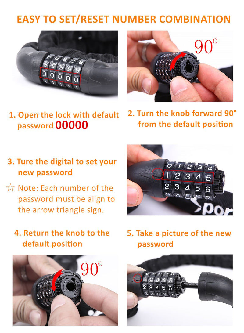 Sportneer Bicycle Chain Lock, 5-Digit Resettable Combination Anti-Theft Bike Locks - BeesActive Australia