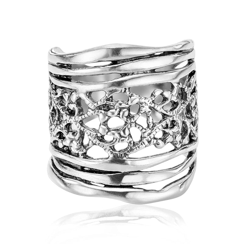 925 Sterling Silver Shield Ring Lace Look, Multi Textured, Oxidized, Vintage Look Stylish Hypoallergenic, Nickel and Lead-free, Artisan Handcrafted Designer Collection Made in Israel (Size 5-11) 9 - BeesActive Australia