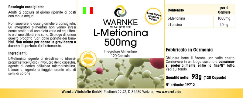- L-Methionine 500mg - Vegan - 120 Capsules | Warnke Vitalstoffe - BeesActive Australia