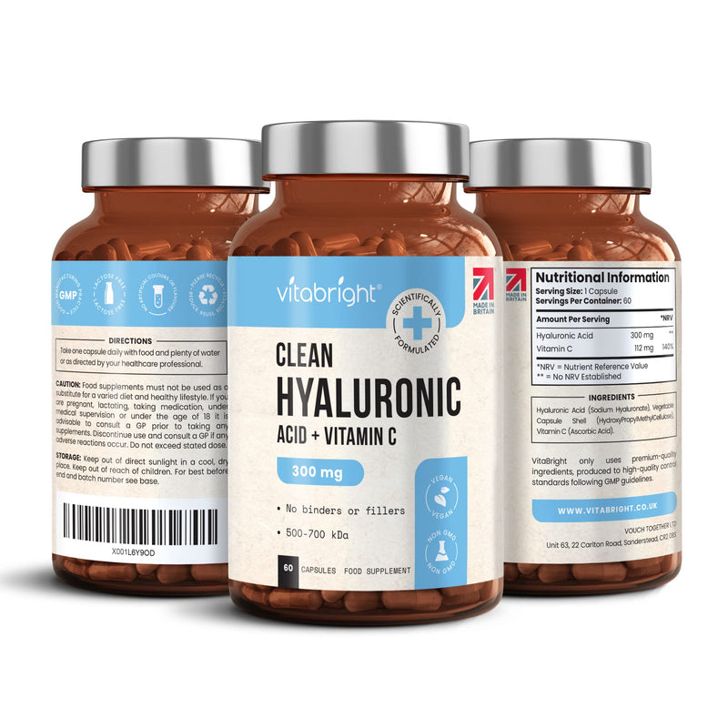 Hyaluronic Acid Capsules - High Strength 300mg - Premium Grade 500-700kDa - 60 Capsules (2 Month Supply) - With Vitamin C - Natural Moisturiser For Face, Body, Skin & Joints - Made In UK By Vitabright - BeesActive Australia