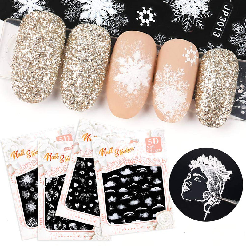 DouborQ 5D Clouds and snowflakes Nail Stickers - Stereoscopic Embossed Pattern 3D Self-Adhesive Snow leopard Winter Design Nail Decals (4 Sheets/Set) 4 Sheets /Set - BeesActive Australia