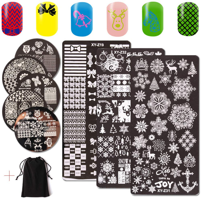 WOKOTO 8 Pcs Nail Art Stamp Plates Kit With 3 Rectangle 5 Round Plates Rose Love Holiday Manicure Templates Set - BeesActive Australia