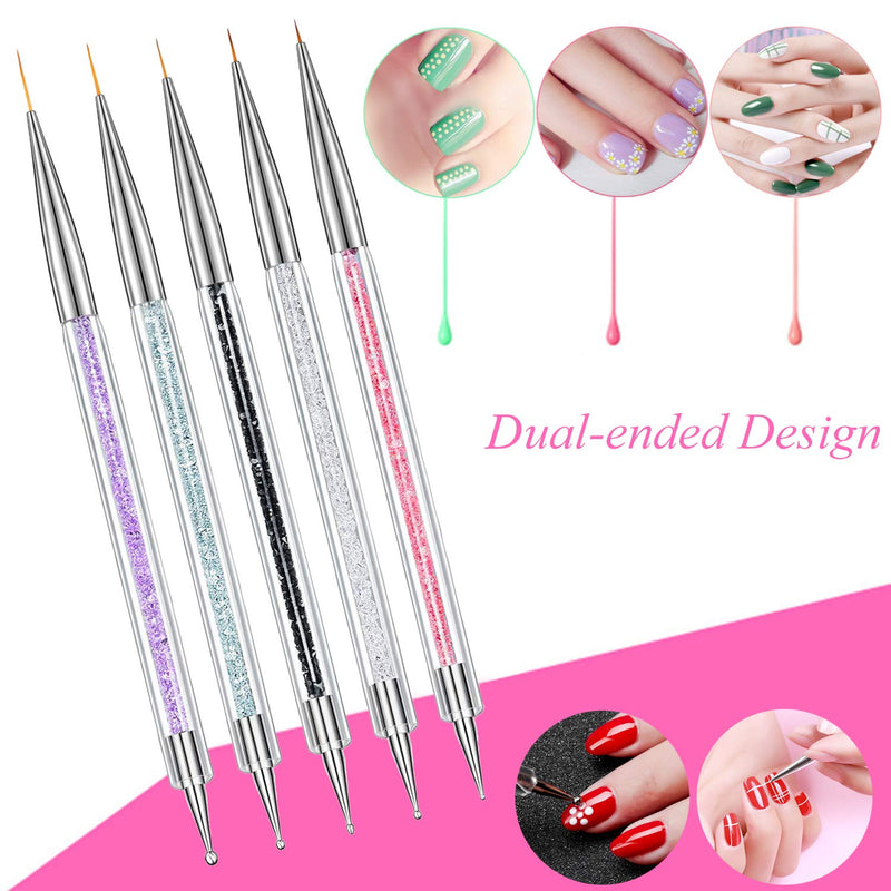 Ycyan 5Pcs Nail Art Brush Set Rhinestone Handle Dual-ended Nail Art Liner Brushes (5/7/9/11/13 mm) and Nail Dotting Tools Multi-colored-5Pcs - BeesActive Australia