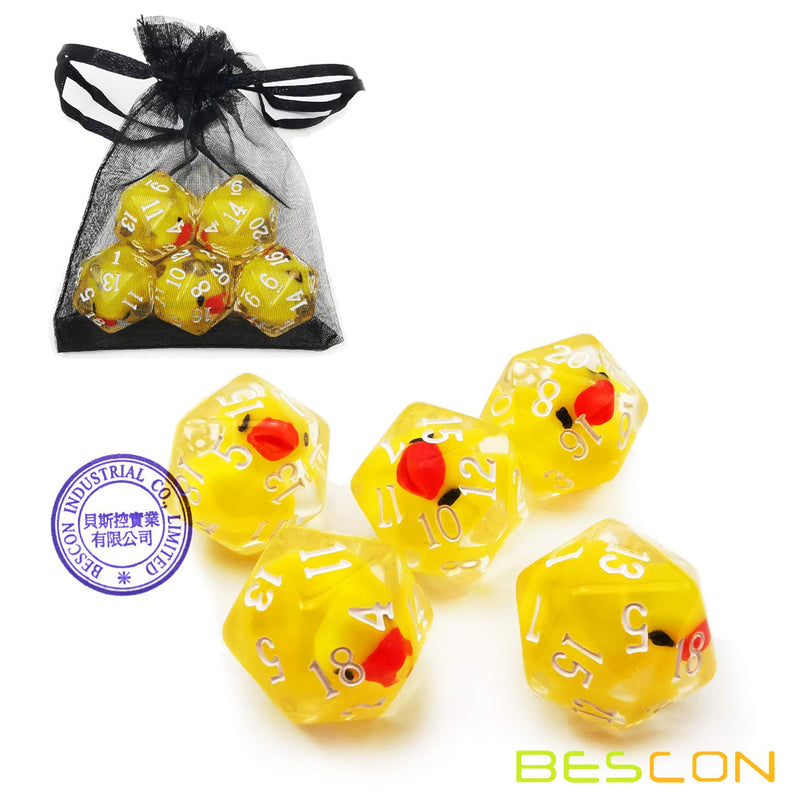 BESCON DICE Yellow Duck 20 Sides Dice Set of 5, Duck D20 5pcs Set 5pcs Duck D20 - BeesActive Australia