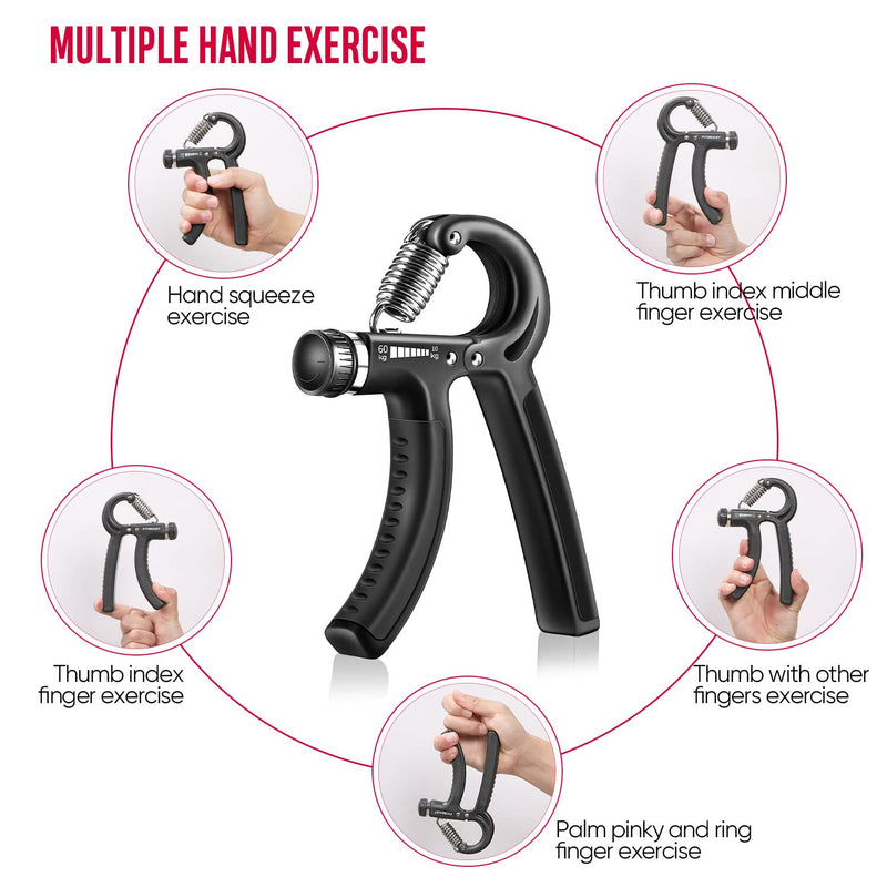 FitBeast Hand Grip Strengthener Workout Kit (5 Pack) Forearm Grip Adjustable Resistance Hand Gripper, Finger Exerciser, Finger Stretcher, Grip Ring & Stress Relief Grip Ball for Athletes Black - BeesActive Australia