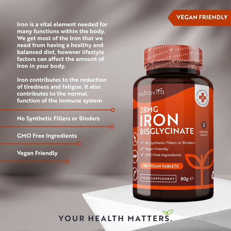 Iron Tablets 28mg � 180 Vegan Tablets (3 Month Supply of Iron Supplements) � Contributes to The Reduction of Tiredness and Fatigue � Suitable for Men and Women � Made in The UK by Nutravita - BeesActive Australia