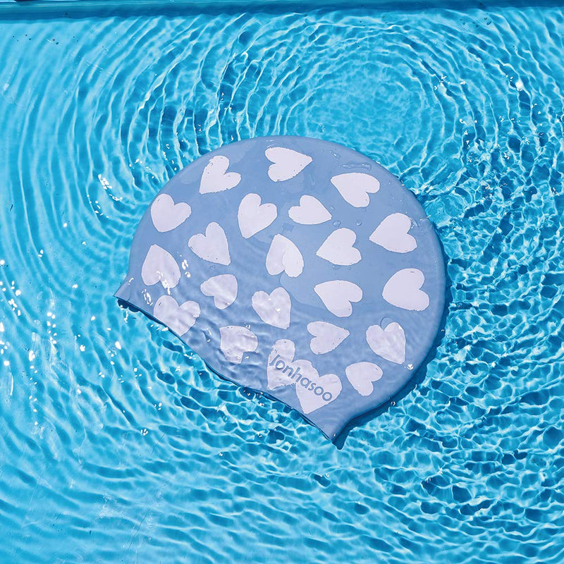 Jonhasoo Silicone Swim Cap for Women Long Hair Adult Swimming Caps with Cute Heart Printed Airy blue - BeesActive Australia