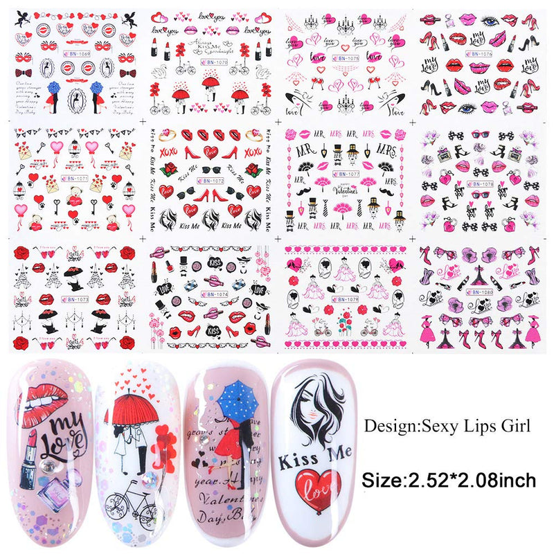 Valentine's Day Nail Art Stickers Water Transfer Nails Decals Lips Heart Letters Love Kiss Rose Pattern Nail Art Design for Women Girls Manicure Tips Charms Decorations Sexy Nails Supplies (12 Sheets) - BeesActive Australia