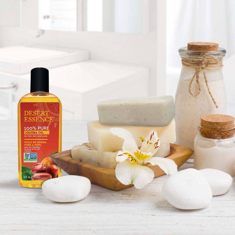 Desert Essence 100% Pure Jojoba Oil - 4 Fl Oz - Pack of 2 - Haircare & Skincare Essential Oil - All Skin Types - No Oily Residue - May Help Prevent Flakiness - Makeup Remover - Aftershave Moisturizer 4 Fl Oz (Pack of 2) - BeesActive Australia