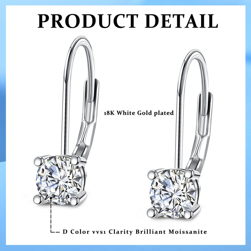 Blahanna Moissanite Earrings,1.0ct-2.0ct D Color Brilliant Round Cut Lab Created Diamond Earrings 18K White Gold Sterling Silver Dangle Earrings Moissanite Leverback Drop Earrings 1.0 carats(0.5ct*2) - BeesActive Australia