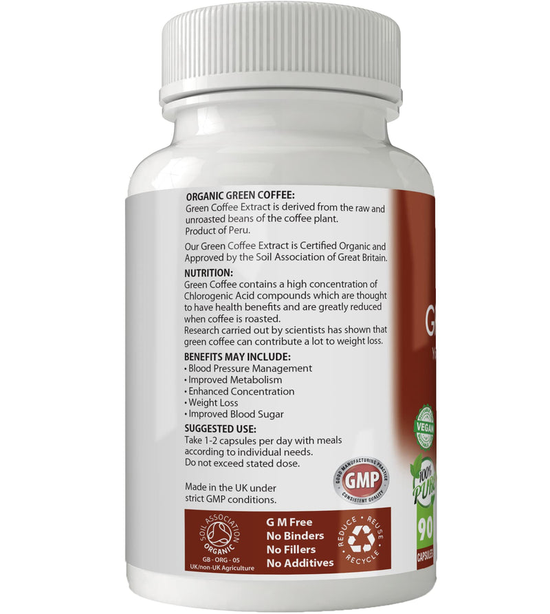 Simply Pure Organic Vegan Green Coffee Capsules x 90, 100% Natural Soil Association Certified, 500mg, Gluten Free and GM Free - BeesActive Australia