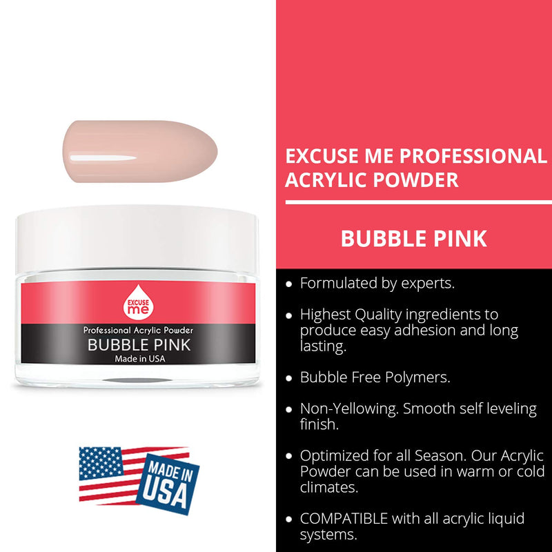 Excuse Me Professional Acrylic Powder USA Made Non Yellowing 0.5 oz Nail Art Powder for Nail Extension (BUBBLE PINK 0.5 oz) - BeesActive Australia