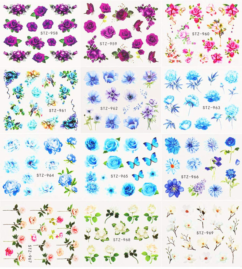 Butterfly Nail Art Sticker Decals Nails Supply Butterfly Flower Design 24 Sheets Retro Roses Flowers Water transfer Stickers for Women Fingernails Manicure Nail Art Decoration 24pcs Rose - BeesActive Australia