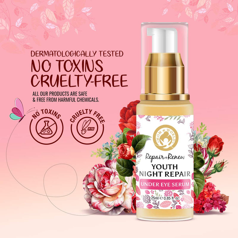 Mom & World Repair + Renew Youth Night Repair Under Eye Serum, 25ml - With Vitamin C, Caffeine, Hyaluronic Acid for Under Eye Skin Repair and Dark Circles - BeesActive Australia