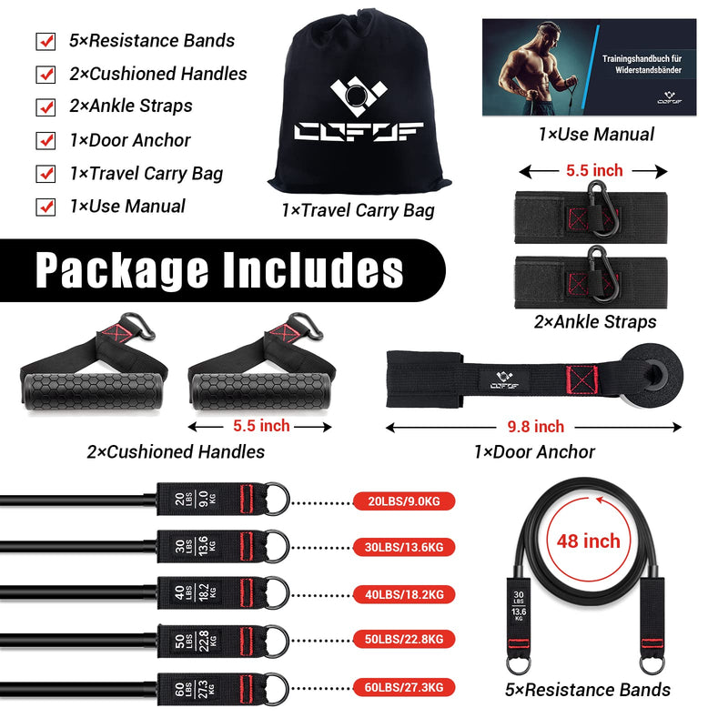 COFOF Resistance Bands Set with Handles, Exercise Bands Workout Bands Fitness Bands with Door Anchor, Legs Ankle Straps for Resistance Training，Physical Therapy，Home Gym Workout 200Lbs Black - BeesActive Australia