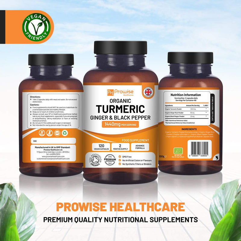 Organic Turmeric Capsules High Strength 1440mg | 120 Capsules with Black Pepper, Ginger & Active Ingredient Curcumin (2 Month Supply) | Turmeric Capsules High Strength Made In UK by Prowise Healthcare - BeesActive Australia