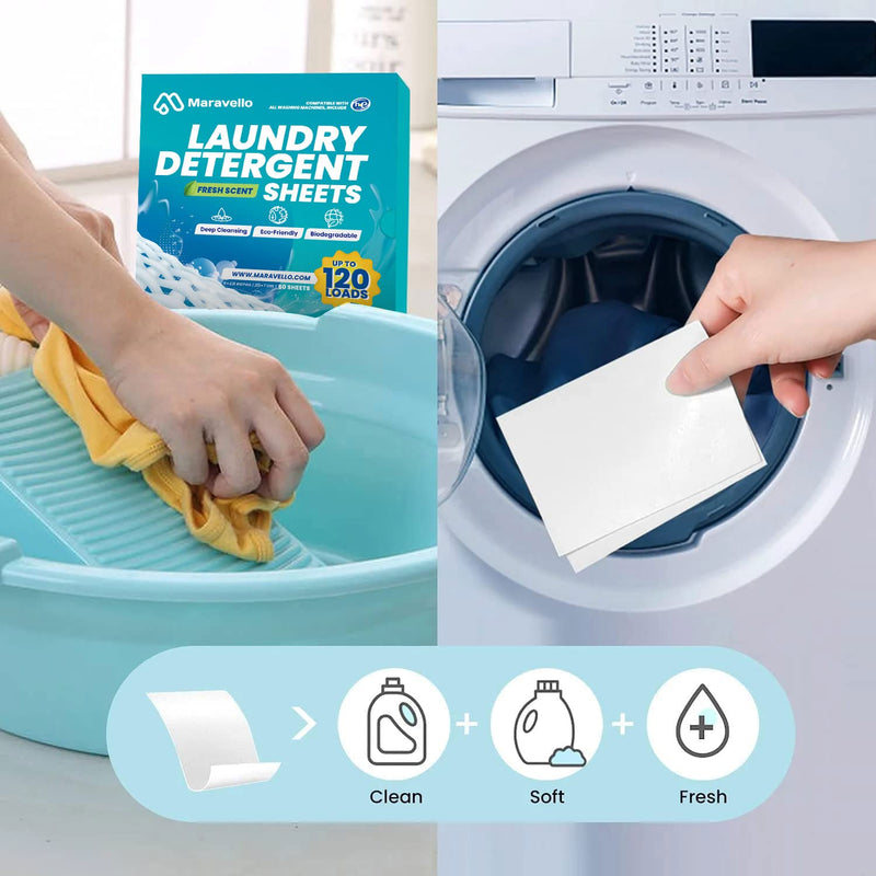 Maravello Laundry Detergent Sheets, Earth Eco-friendly Space Saving Plastic Free Biodegradable Easy to Carry and Use, Cruelty-Free Non-Irritating Safe for Baby And Sensitive Skin (Fresh scent, 120 Loads) - BeesActive Australia