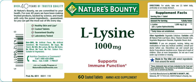 Nature's Bounty L-Lysine, 1000mg, 120 Tablets (2 x 60 Count Bottles) - BeesActive Australia