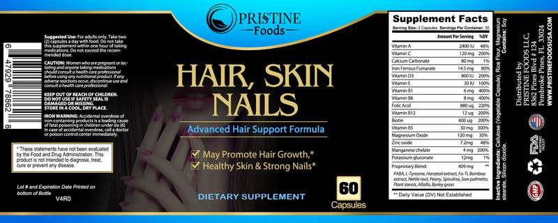 Pristine Foods Hair, Skin, Nails Vitamins – Biotin to Make Your Hair Grow & Skin Glow with 20+ Vitamins - Nail Growth and Skin Care Formula for Men & Women - BeesActive Australia
