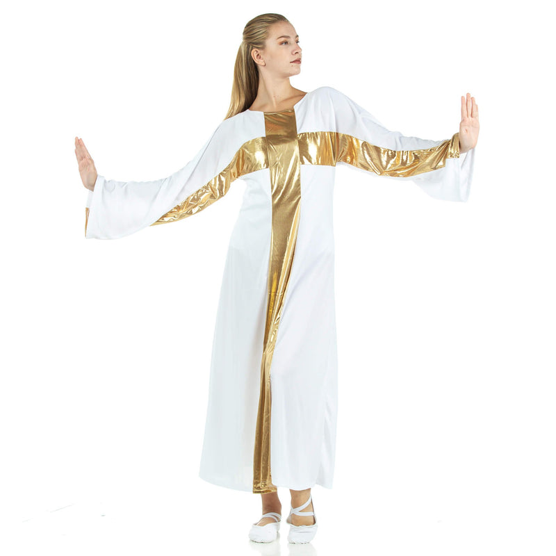 [AUSTRALIA] - Danzcue Girl's Cross Robe Worship Dress White-gold Large - X-Large 