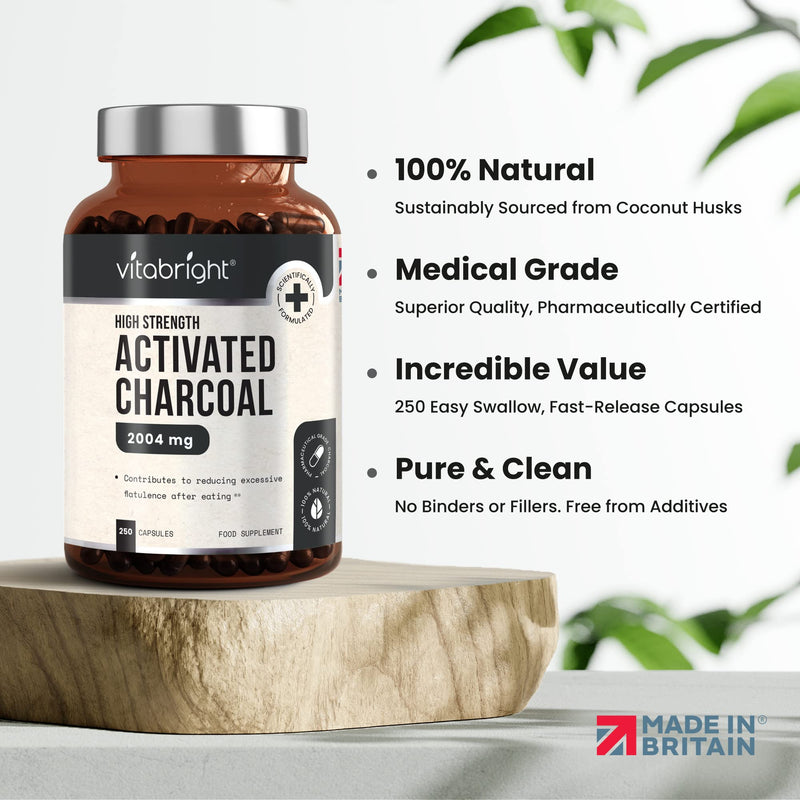 Activated Charcoal Capsules - 250 Capsules - 2004mg per Serving of 6 Capsules - from Natural Coconut Shell - for Indigestion, Bloating, Excessive Flatulence, Gas - Vegan - Made in UK by VitaBright - BeesActive Australia